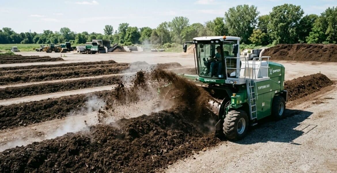 Commercial compost turner aerating a windrow at an Australian composting site