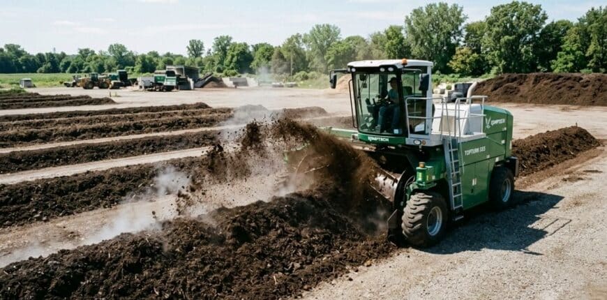 Commercial compost turner aerating a windrow at an Australian composting site