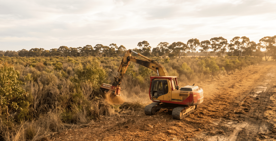Land clearing equipment skid steer fitted with an EZ Machinery flail mulcher clearing scrub on Australian acreage
