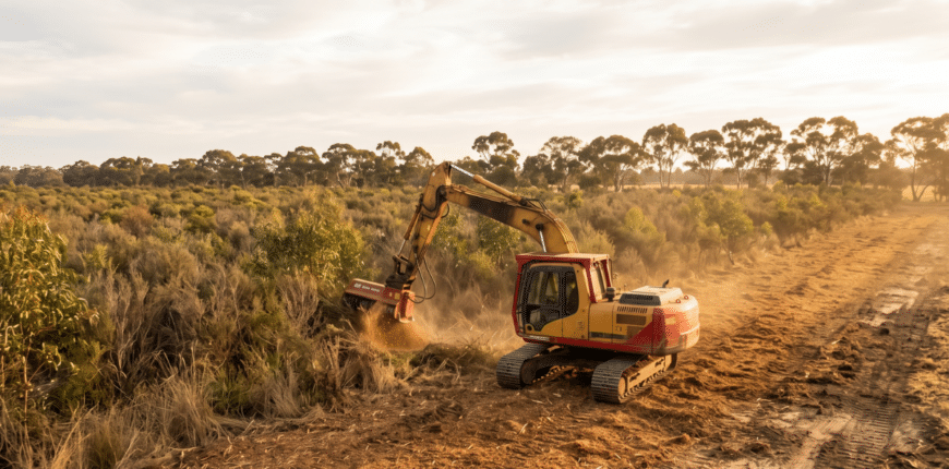 Land clearing equipment skid steer fitted with an EZ Machinery flail mulcher clearing scrub on Australian acreage