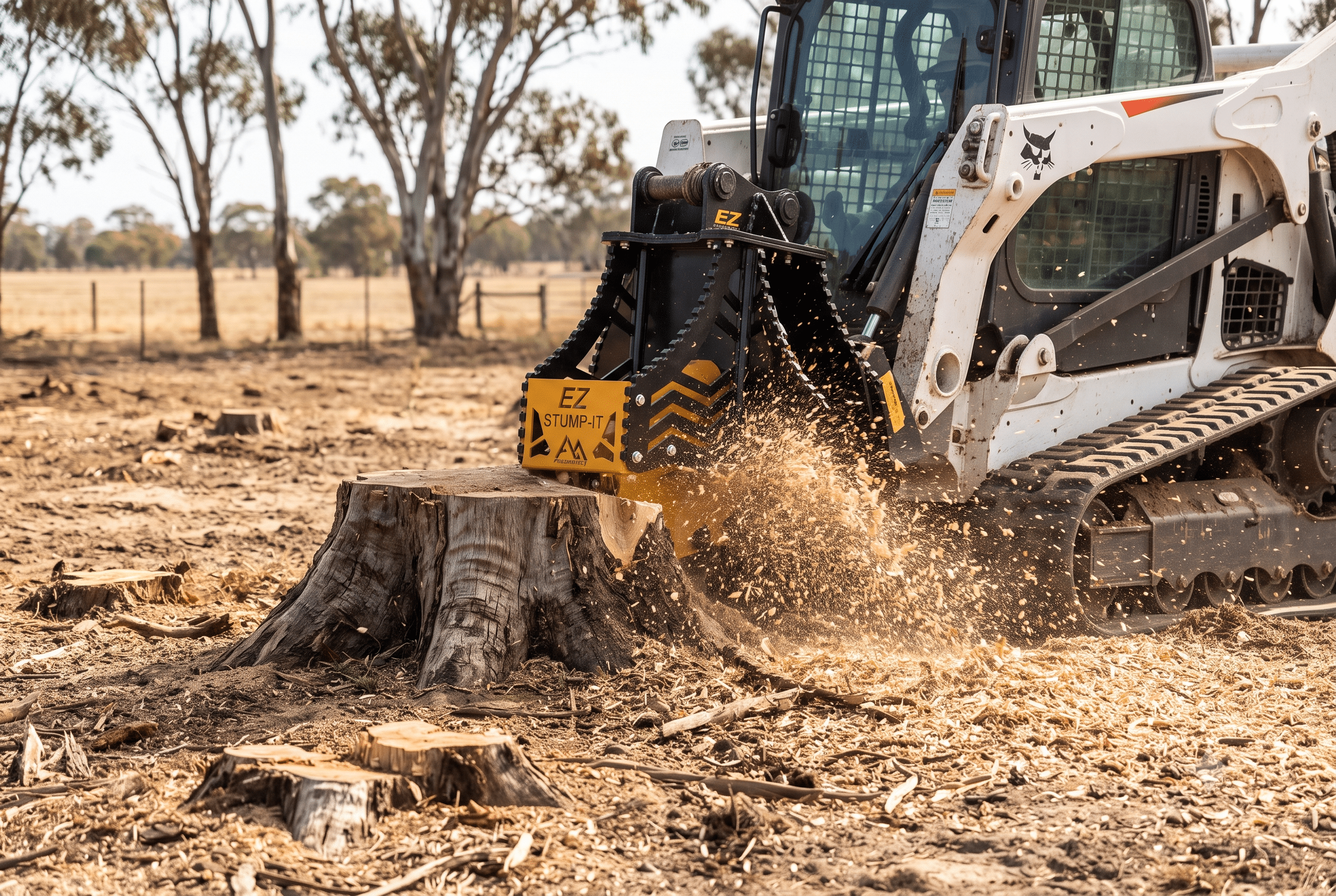 land clearing equipment EZ Stump-It grinder removing a tree stump below ground level on a cleared block