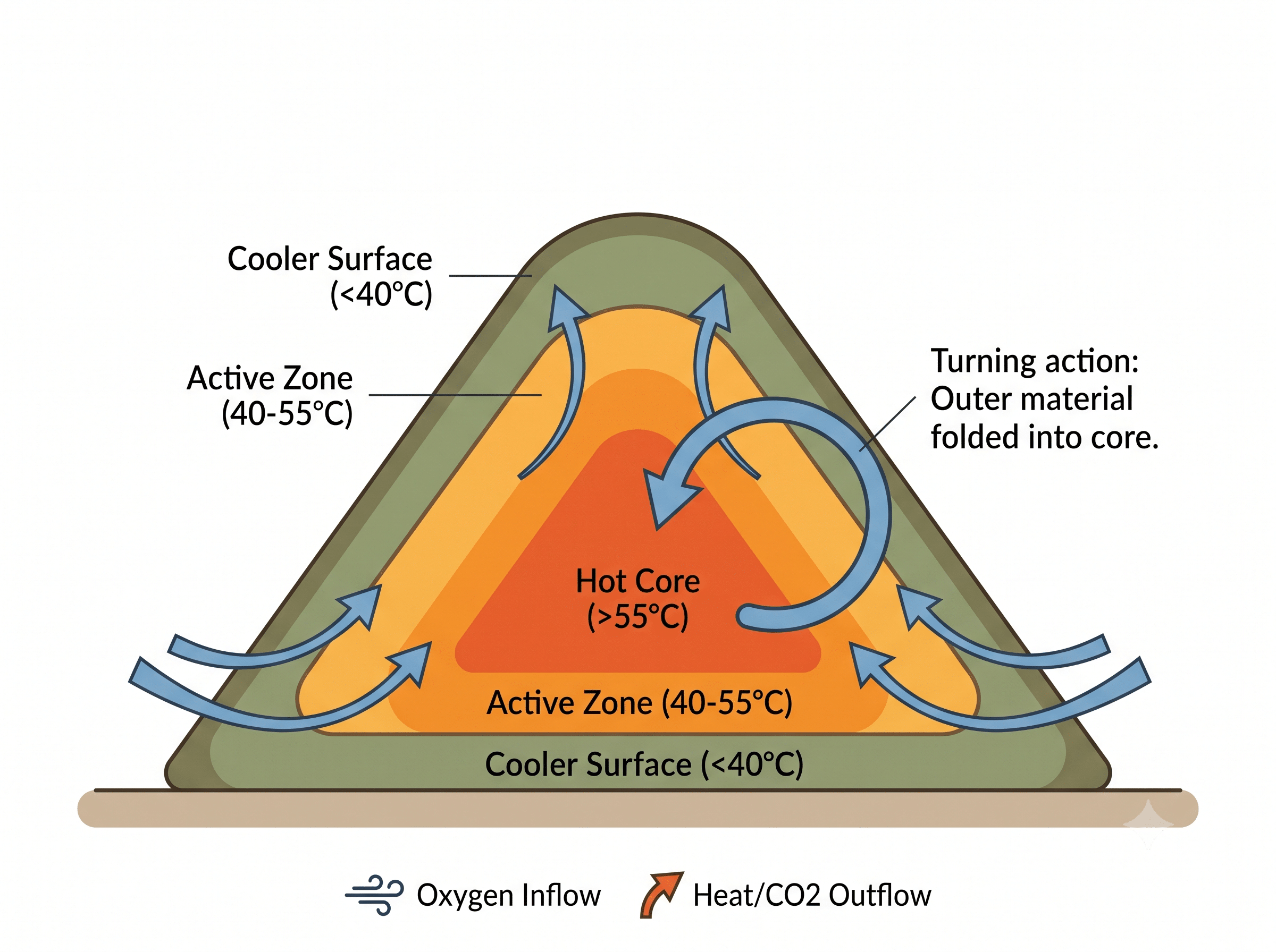 Windrow composting cross-section diagram showing the hot core, airflow and turning