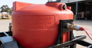 Close-up of the UV stabilised polyethylene tank on a fire fighting water tank trailer