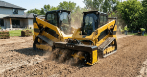 EZ-140-RH rotary hoe attachment mounted on a skid steer loader preparing a level seedbed for turf laying