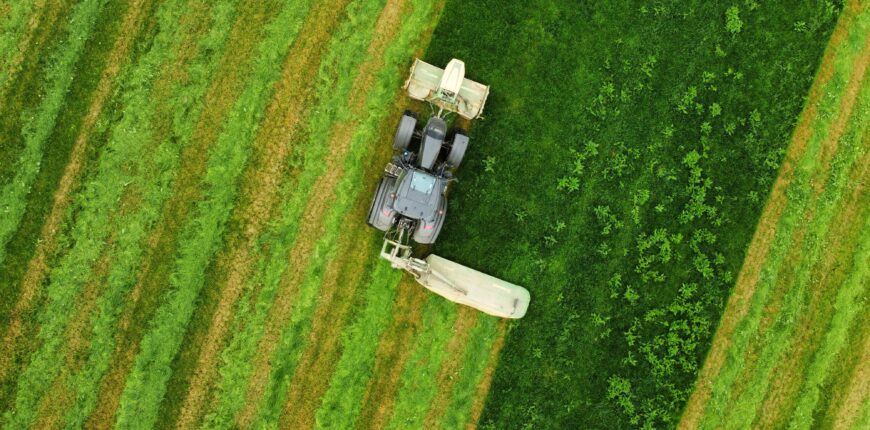 Aerial view of a tractor slashing a green paddock, leaving thick windrows of cut grass trailing behind